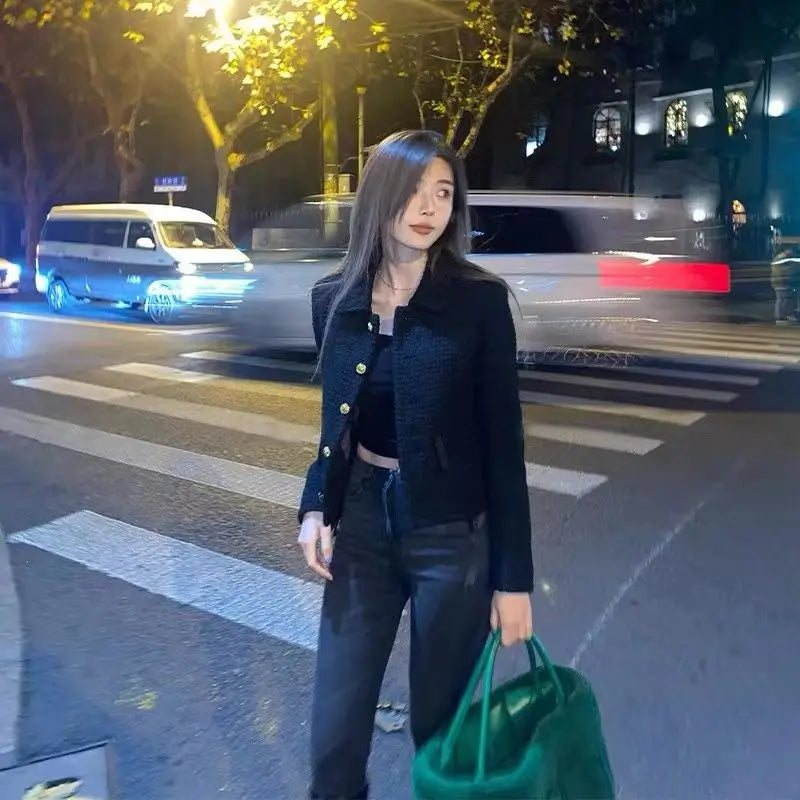 Black Short Small Fragrance Coat Female Wool Tweed Small Fragrant Elegant Women Tops 2024 Autumn Korean Chic Temperament Jackets