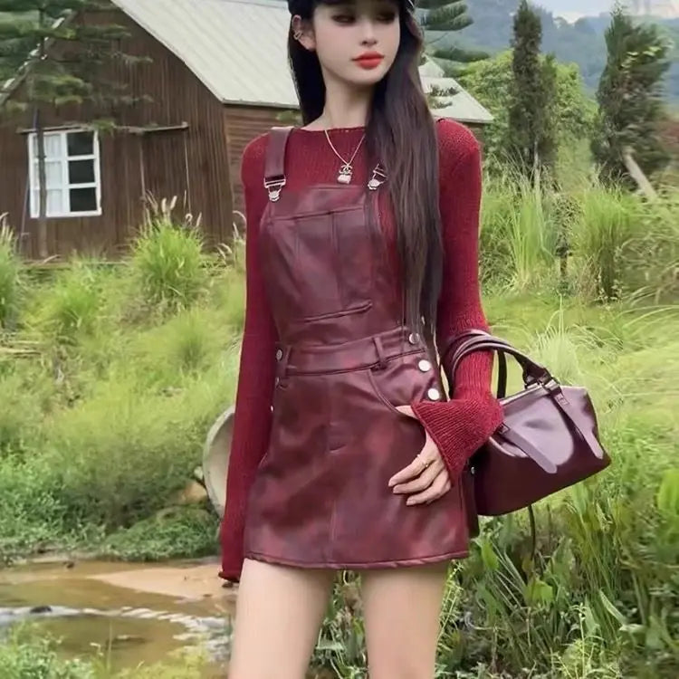 maoxiangshop - American Overalls Dress Women Autumn Long Sleeve Knitted Shirt Spicy Girl Leather Dress Fashion Set Two Piece Set Women Outfits