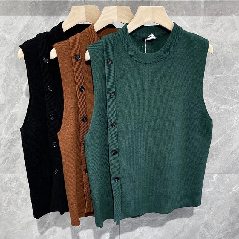 maoxiangshop Men's Luxury Knitted Pullover Sweater Vest Casual Streetwear Button Solid Color O Neck Sleeveless Loose Stylish Vintage Knitwear