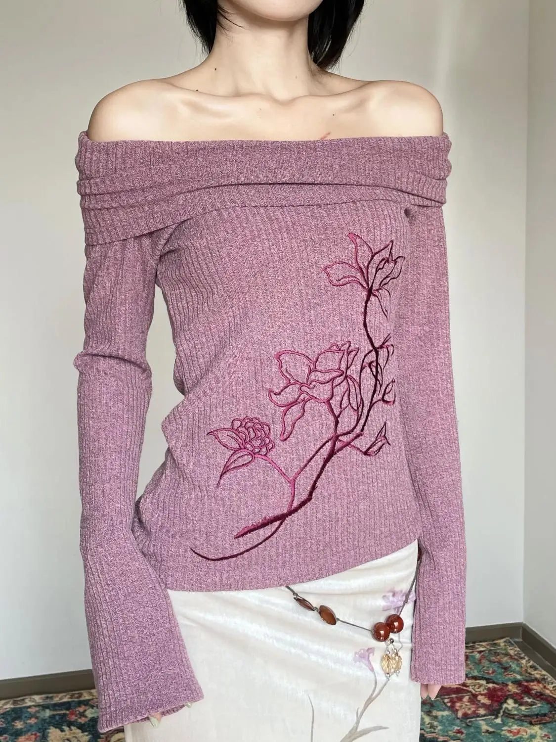 maoxiangshop - Swinging Collar Off Shoulder Purple Embroidered Sweater for Women Autumn Spicy Girls Slim Fit High End Knitted Shirt Women Tops