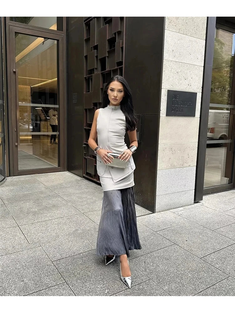maoxiangshop - Womens Fashion Streetwear High Waist Gray Short Dress Ladies Autumn New Casual Sleeveless High Collar Mini Dresses