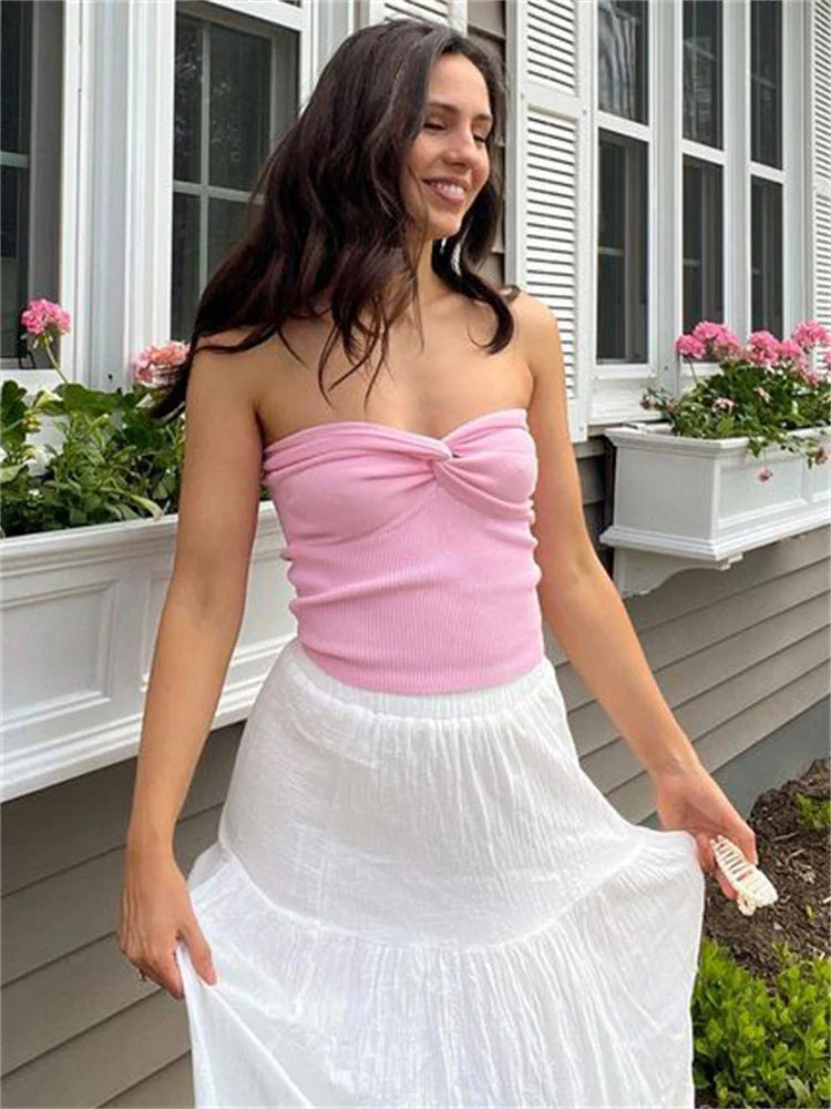maoxiangshop - Twist Tube Tops For Women Sexy Strapless Corset Top Tee Off-Shoulder Cute Y2k Cropped Tops Knit Bustier Summer Streetwear