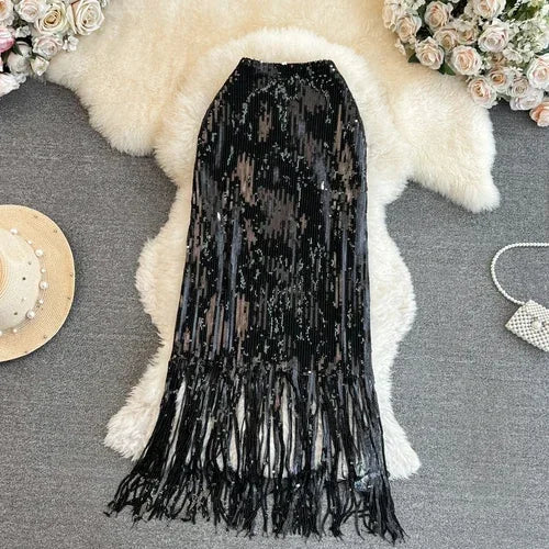 maoxiangshop Sequin Shining Long Skirts Women Tassel High Waist Sexy Female Trumpet Skirt Ladies Party Club Streetwear Maxi Skirt