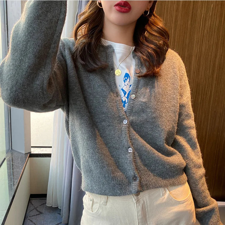 Women's Gray Button Down Lightweight Knit Cardigans Cashmere Sweaters Black Fall Long Sleeve Ladies Tops