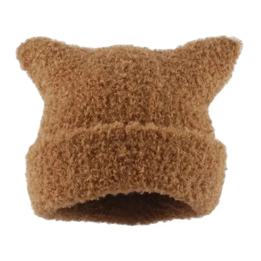 maoxiangshop Winter Lambswool Hats For Women Cute Cat Ears Beanie Soft Warm Knitting Cap Cuffed Skullies Fashion Street Hip Hop Hat