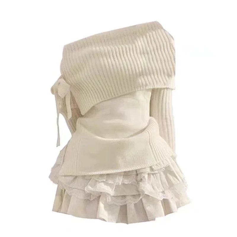 maoxiangshopWinter Kawaii Sweet 2 Piece Set Woman Off Shoulder Bow Knitted Tops + Mini Cake Skirt Female Korean Fashion Casual Suit 2024 New