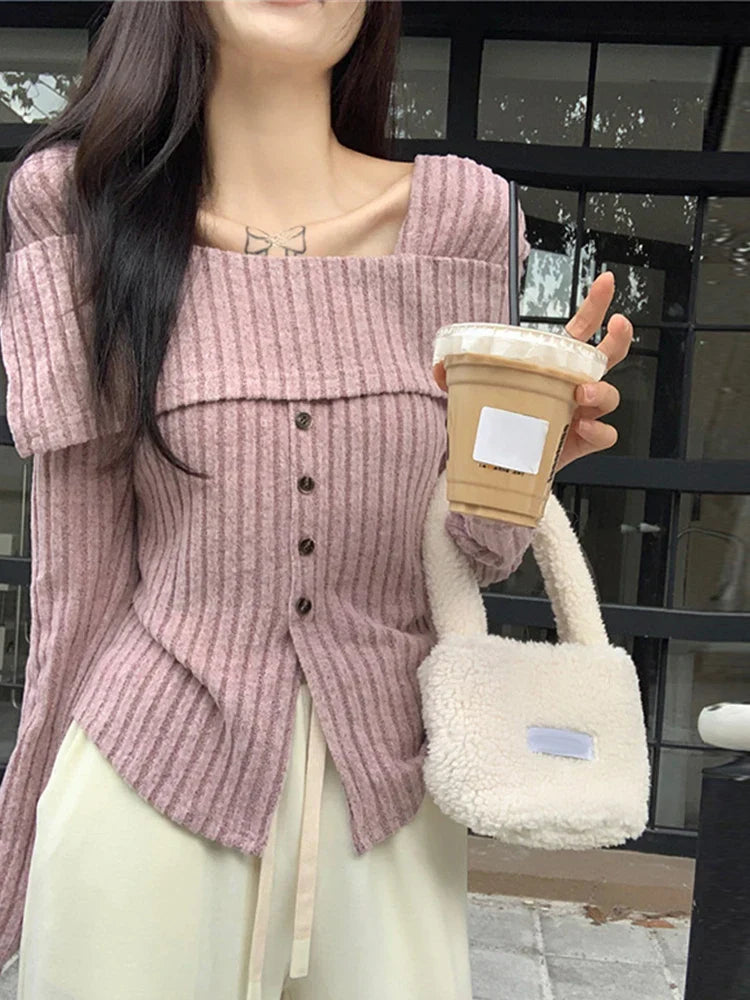 maoxiangshop-Off Shoulder Knit Pullover Women Chic Casual Slim Gentle Tops Female Spring New Square Neck Solid Long Sleeves Knitwears Lady
