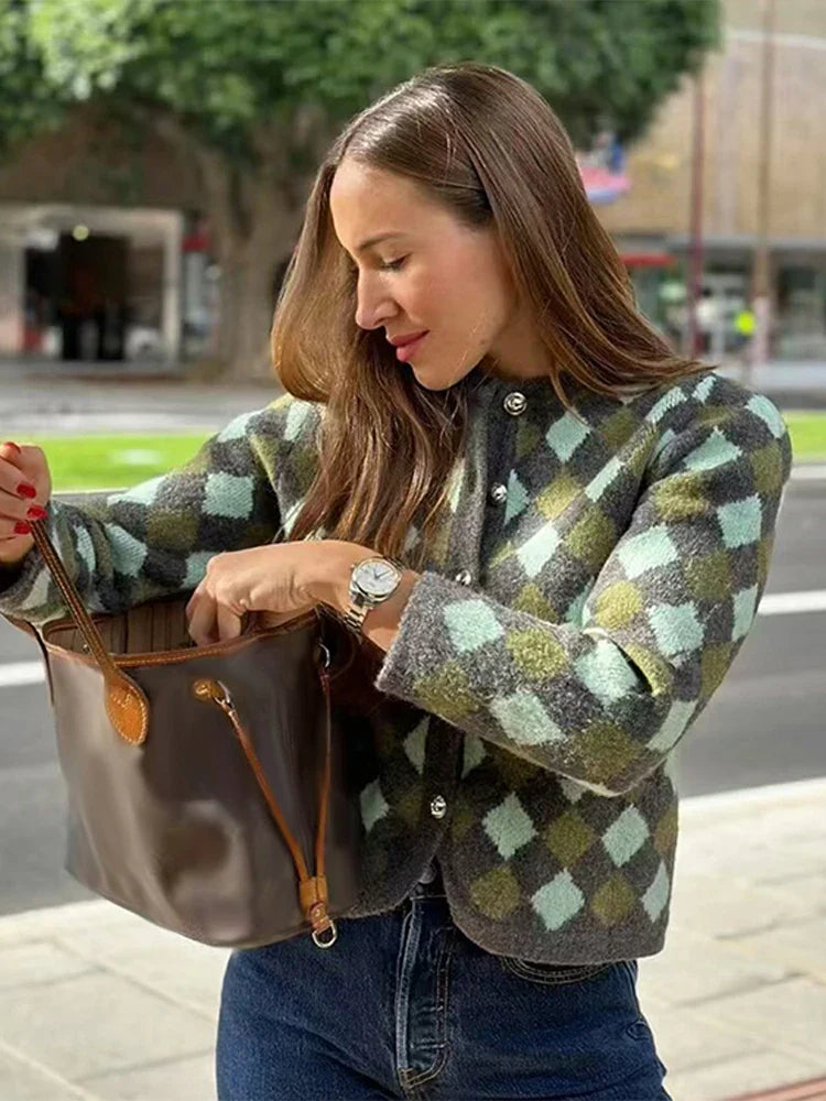 maoxiangshop - Elegant Plaid Knitted Cardigan Women Casual O-neck Long Sleeve Single Breasted Female Sweater 2024 Autumn Pocket Lady Knitwear