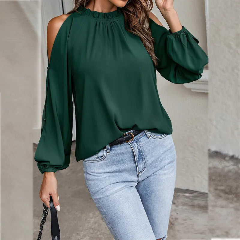 maoxiangshop Autumn and Winter New Women's Clean Color Lotus Leaf Round Neck Long Sleeve Pleated Off Shoulder Fashion Women's Top