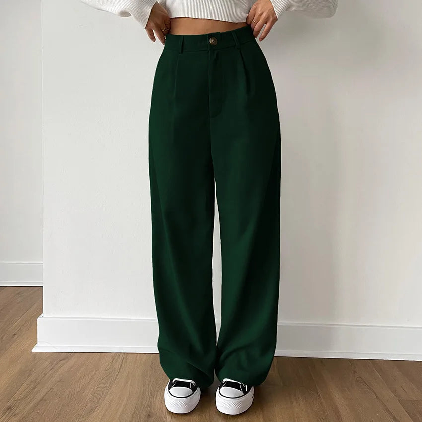 maoxiangshop - Solid Fashion Women Maxi Pants Autumn High Waist Straight Loose Button Female Trousers Streetwear Office Lady Suit Pant New