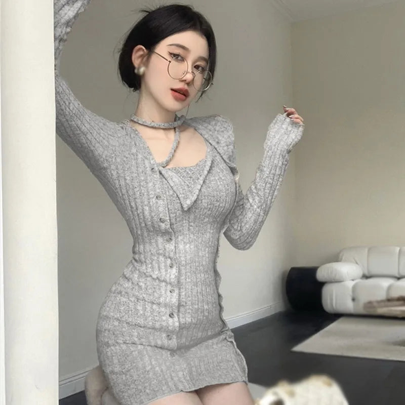 maoxiangshop Autumn And Winter Irregular Knit Dress For Women Sexy Fashion New Collar Show Slim Waist Dresses Ins