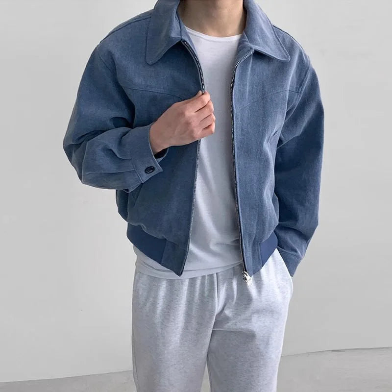 maoxiangshop Vintage Jacket Man Casual Loose Zipper Fashion Retro Short Coat Men Spring High Quality Solid Turndown Collar Street Outwears