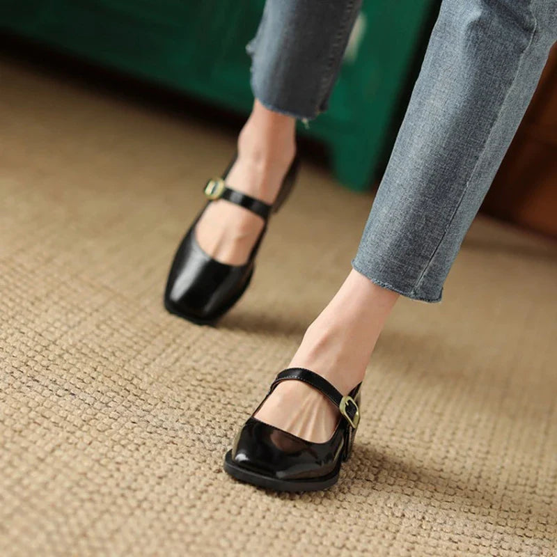 maoxiangshop - Spring/Autumn Women Shoes Square Toe Chunky Heel Shoes Patent Leather Mary Janes Low Heel Solid Pumps Women Concise Black Shoes