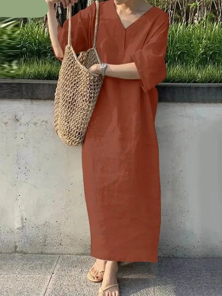 maoxiangshop Women Fashion Elegant Dress Summer Short Sleeve V-Neck Solid Sundress Casual Holiday Loose Robe Mid-Calf Length Vestidos