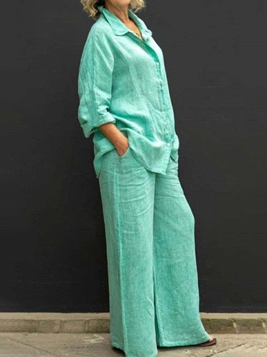 maoxiangshopWomen Cotton Linen Suits Elegant Solid Long Sleeve Shirt Wide Leg Trousers Two Piece Set Female Casual Straight Pants Suits