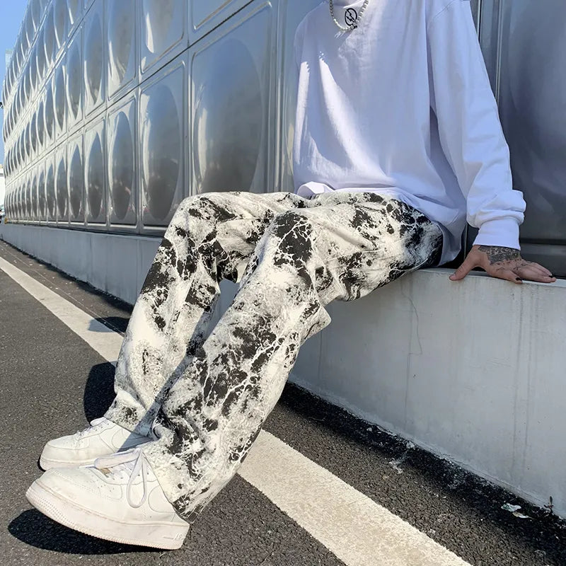 maoxiangshop Mens Fashion Printed jeans Spring Mopping Trousers Jeans Korean Style High Street Loose Hip Hop Wide-leg Jean Pants