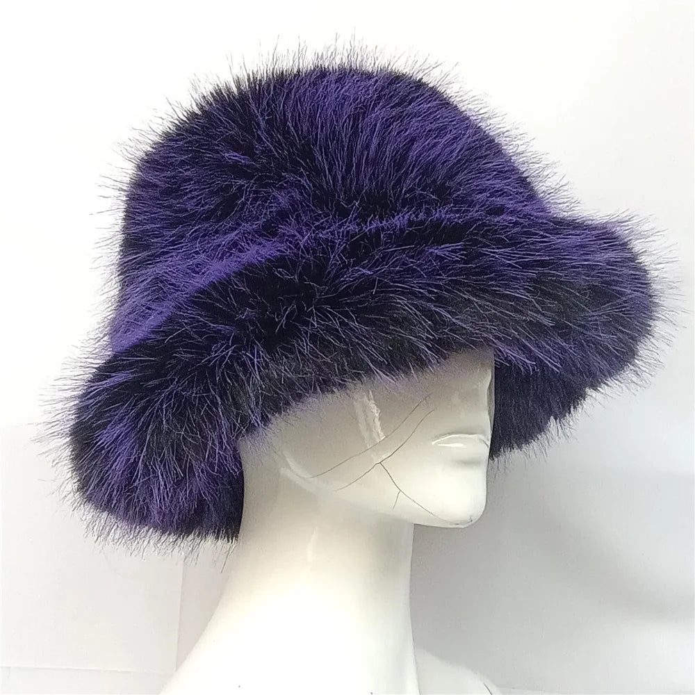 maoxiangshop - Luxury Ins Hot Y2k Girls Faux Fox Fur Bucket Hat Women Winter Warm Rabbit Fur Plush Fisherman Hat Cap Festival Party Ski Panama
