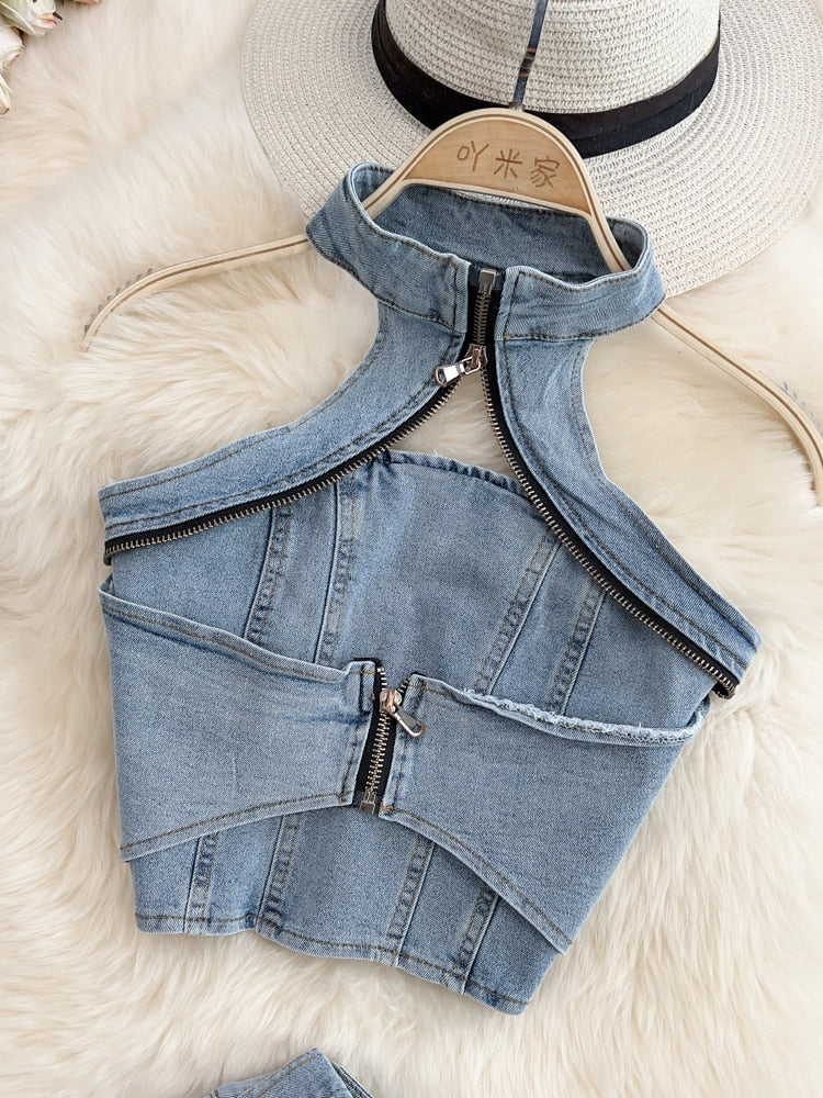 maoxiangshopWomen Halter Backless Sexy Denim Top Hig Waist Shorts New Two Piece Set Temperament Fashion Spring Summer