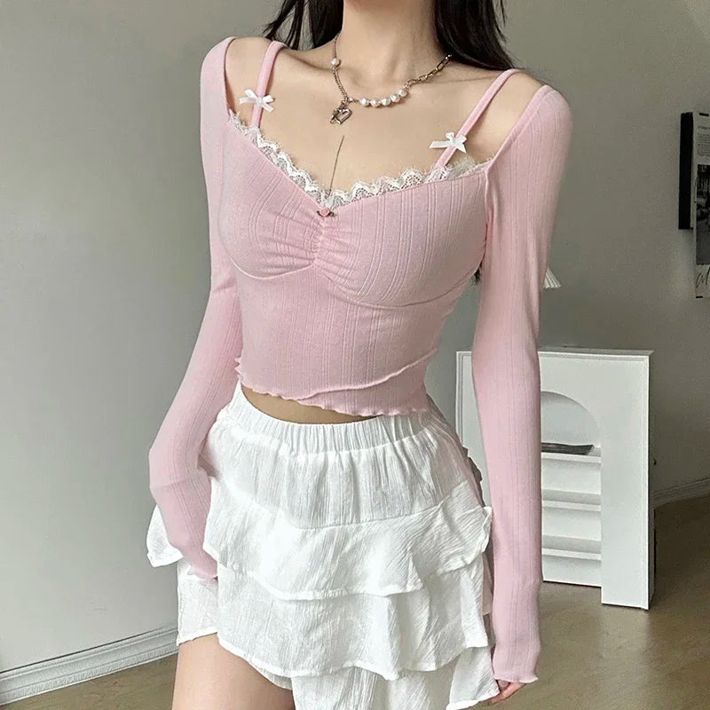 maoxiangshop-Sweet Lace Stitching V-neck Skinny Top Pink Coquette Aesthetic Slim-fit Long Sleeve Knitted T-shirts Cute Casual Tees