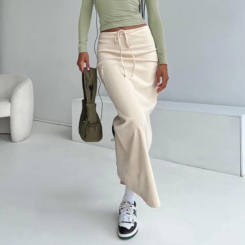 maoxiangshop - Lace Up Patchwork Pocket Maxi Skirt Women Low Rise Slim Autumn Temperament Commuter Slit Straight Long Skirt Streetwear