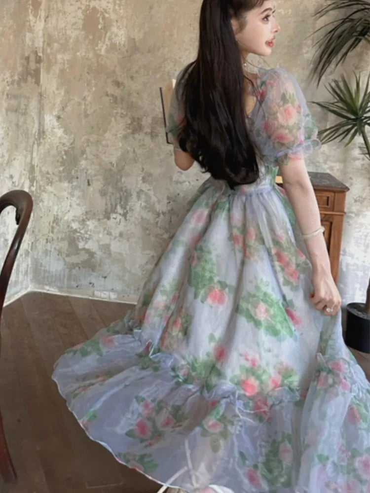 maoxiangshop Vintage Floral Evening Midi Maxi Dresses for Women Elegant Casual Party Prom Green Holiday Princess Fairy Long Dress Summer 2024