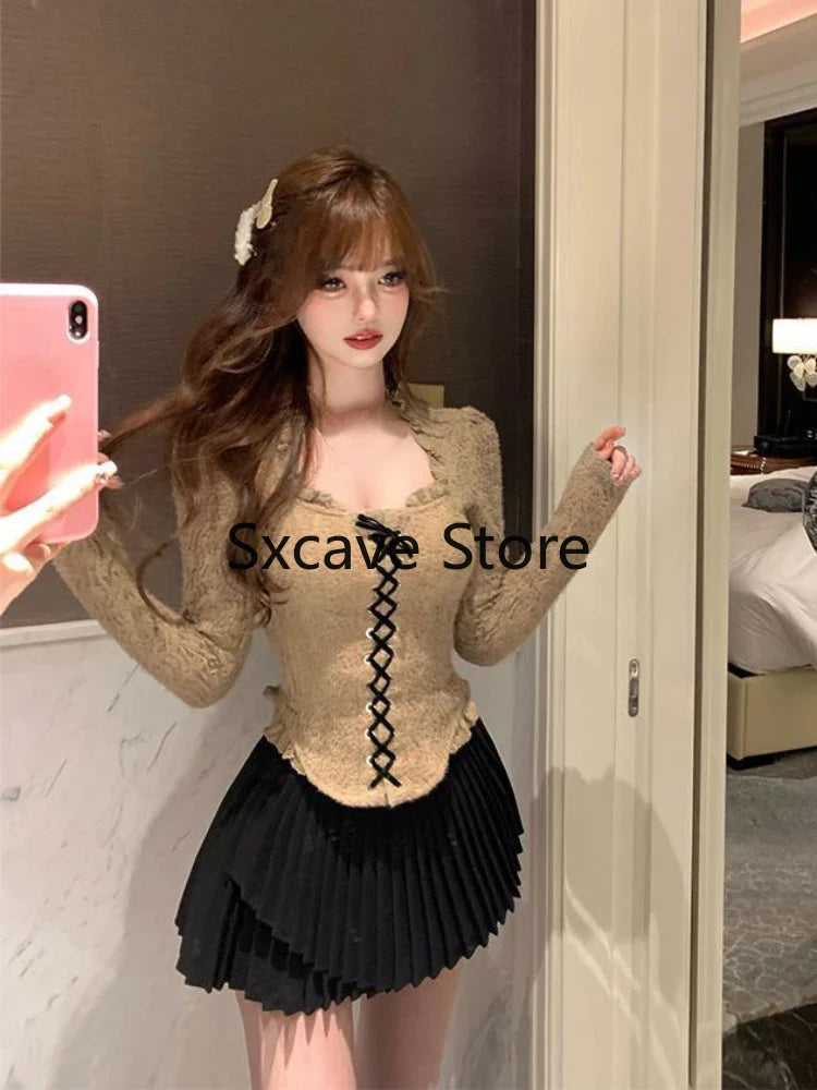 Autumn Pure Color Knitted Sweater Women Outwear Casual Long Sleeve Sexy Vintage Lace Pullovers Bodycon Y2k Blouse Korean