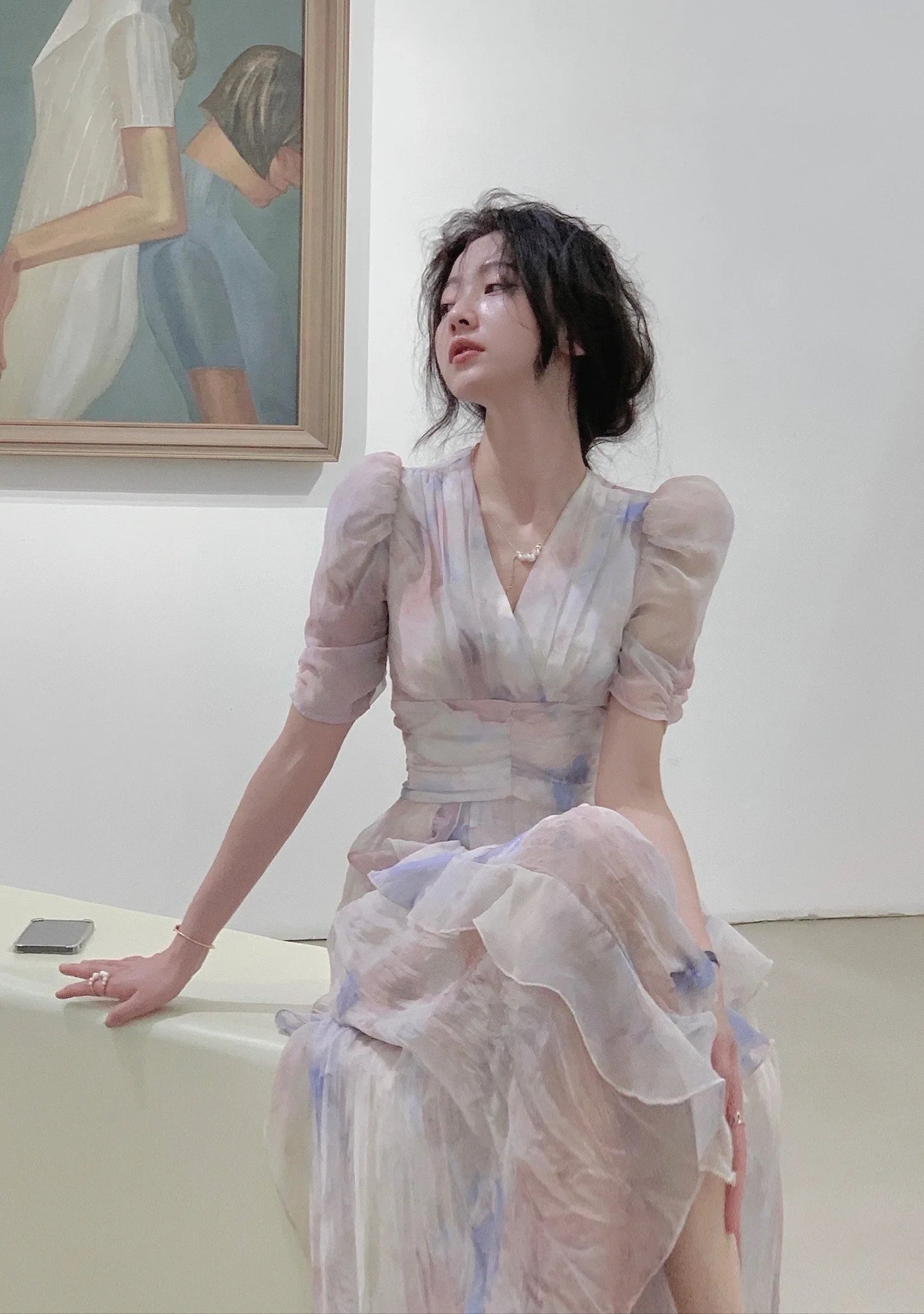maoxiangshop Summer V-neck Print Dress French Style Women Elegent Party Pink Midi Dress Female Fashion A Line Holiday Korean Clothes Vestidos