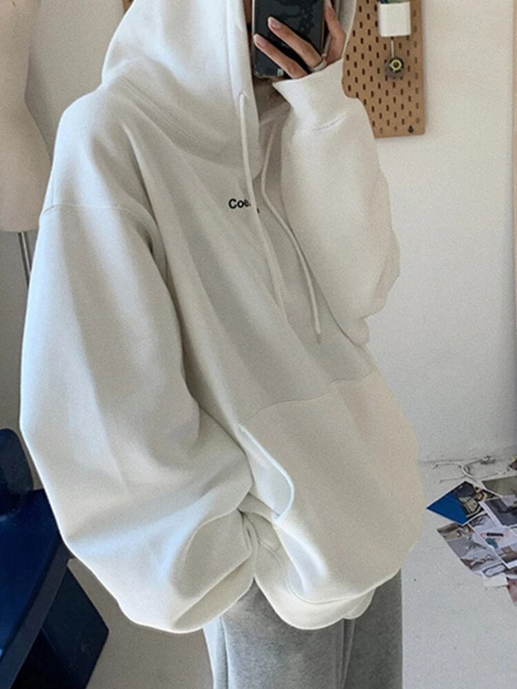 Autumn Women Kpop Loose Hooded Sweatshirts Thick Warm Pullovers Long Sleeve Couple Tops Harajuku Vintage Letter Printed Hoodies