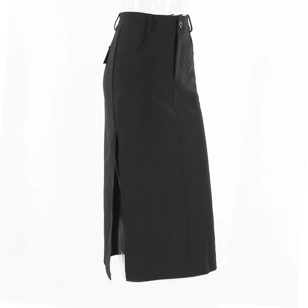 maoxiangshop Goth Dark Elegant Mall Gothic Trumpet Women Midi Skirts Grunge High Waist Split Sexy Club Long Skirt Slim Party Streetwear
