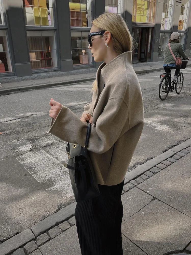 maoxiangshop - Elegant Women Solid Double Breasted Cotton Coat Chic Stand Collar Long Sleeves Warm Jacket Autumn Fashion Lady Commuting Outwear