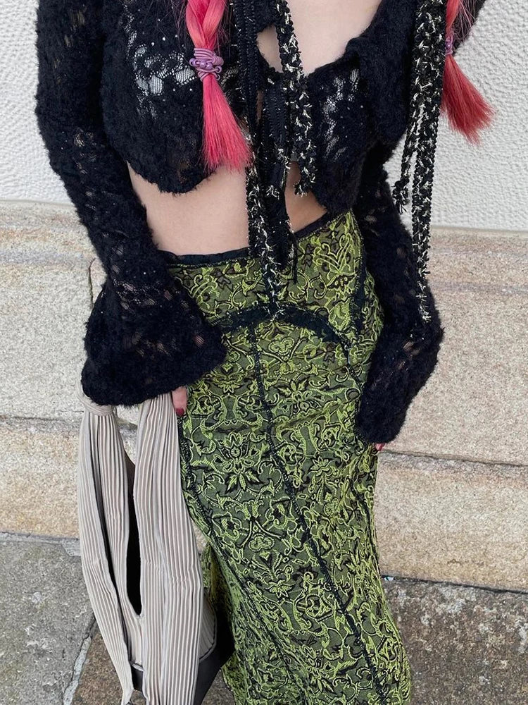 maoxiangshop Vintage Fashion Elegant Green Trumpet Long Skirt Graphic Printed Lace Trim Y2K High Waist Skirt Women 2000s Aesthetic