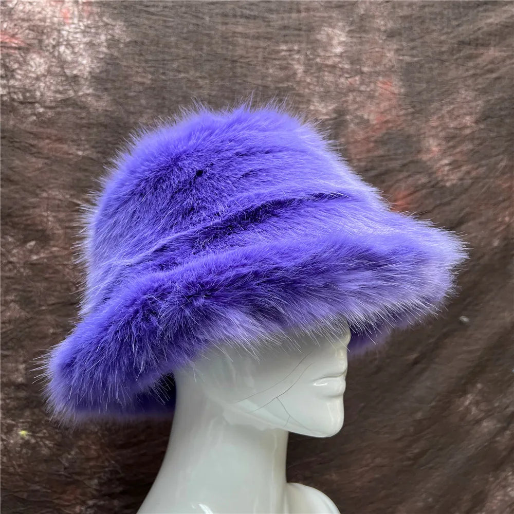 maoxiangshop - Luxury Ins Hot Y2k Girls Faux Fox Fur Bucket Hat Women Winter Warm Rabbit Fur Plush Fisherman Hat Cap Festival Party Ski Panama