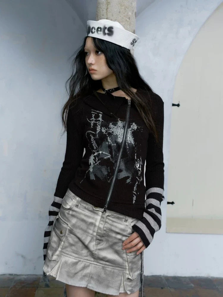 maoxiangshop Gothic Vintage Punk Hoodie Women American Retro Grunge Y2k Graphic Striped Patchwork Zipper Tees Tops Spring Chic