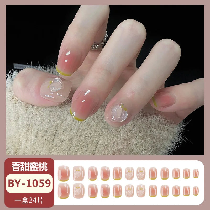 maoxiangshop 24pcs Wearable Pink Press On Fake Nails Tips With Glue false nails design Butterfly Lovely Girl false nails With Wearing Tools