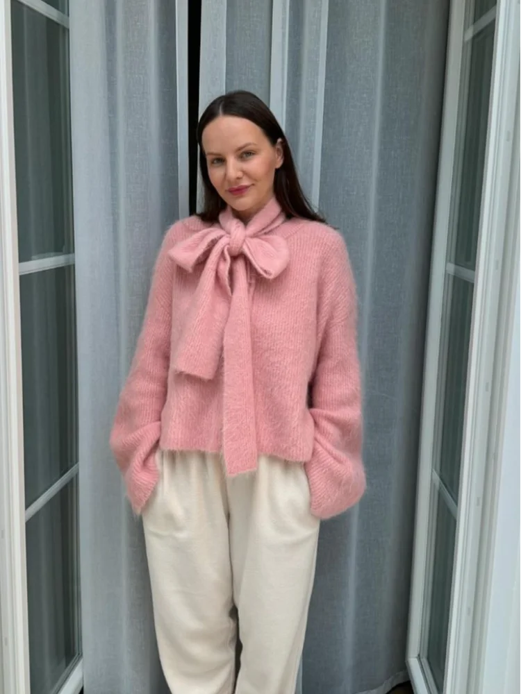 maoxiangshop - Elegant Knitted Pink Bow Lace Up Scarf Collar Sweater Fashion Sweet Girl Long Sleeves Pullover 2024 Autumn Chic Street Jumper