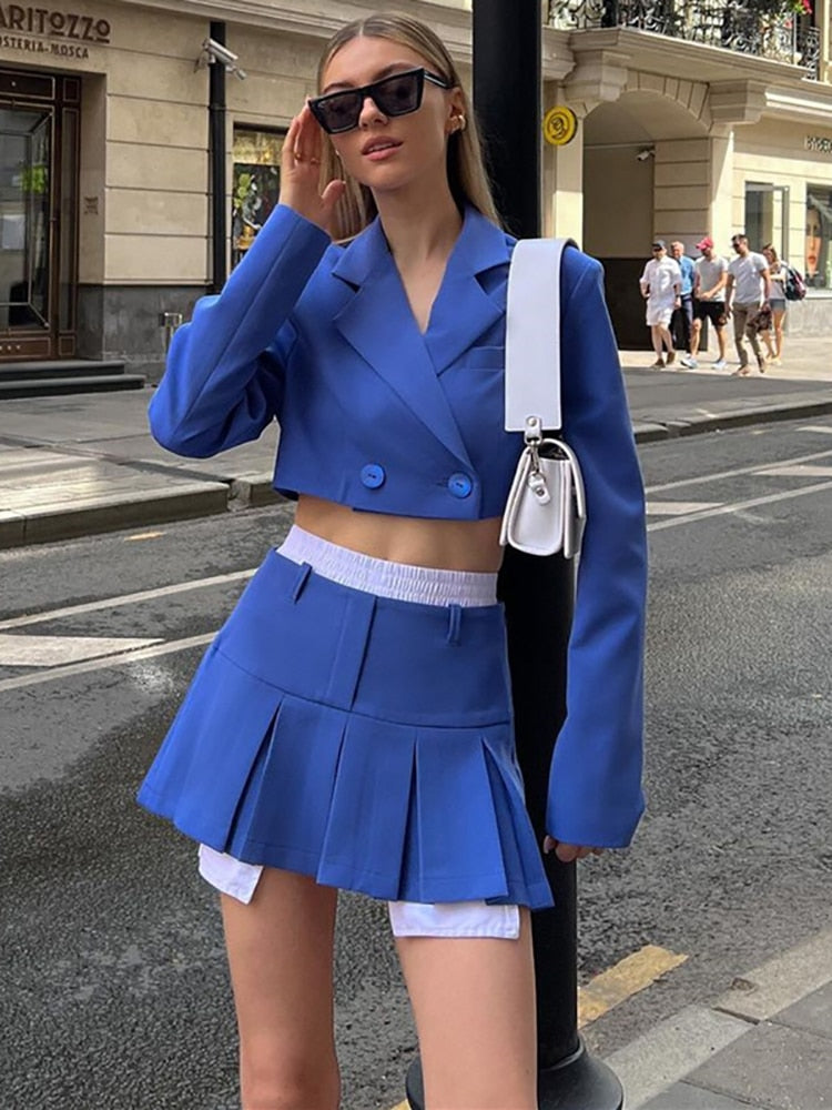 Taruxy Fall Women Blazer Suit Two Piece Sets Turn-down Collar Blazers Tops And Pleated Skirts Femme High Street Y2K Outfits