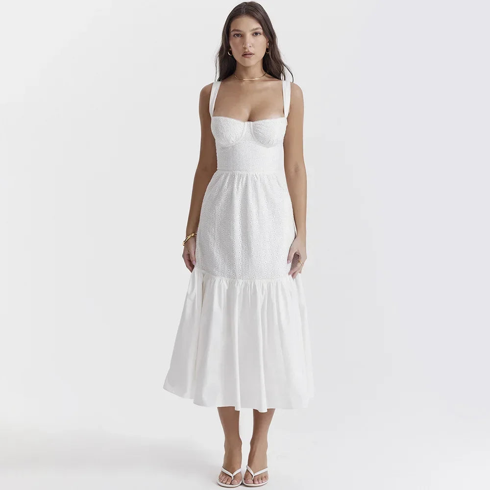 maoxiangshop White Women's Summer Dress Linen-cotton Blend Jacquard Dress Elegant Sexy Midi Vacation Holiday Dress