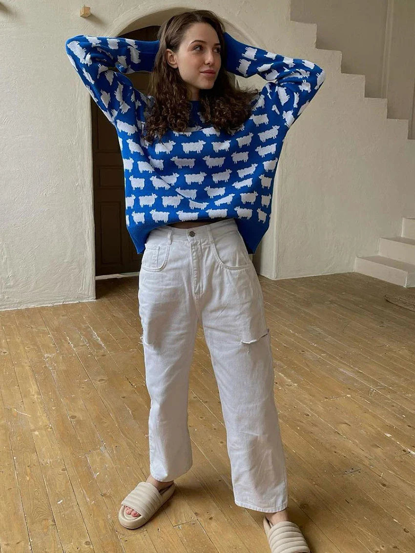 maoxiangshop - Elegant Women Sheep Printing Sweater Warm Knitted Classic O-Neck Pullover Tops Autumn Winter 2024 Streetwear Sweater