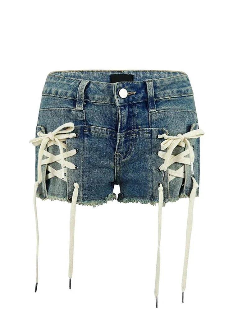 maoxiangshop Fashion Lace-Up Bandage Blue Stretch Denim Shorts for Women Summer Casual Skinny Short Jeans Sexy Beach Night Club Outfits