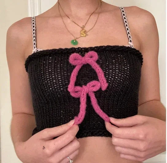 maoxiangshop - Y2K Cute Bow Knitted Crop Tops E-girl Kawaii Slim Fit Vest Fairycore Vintage Chic Women Backless Camis 00s Retro Streetwear