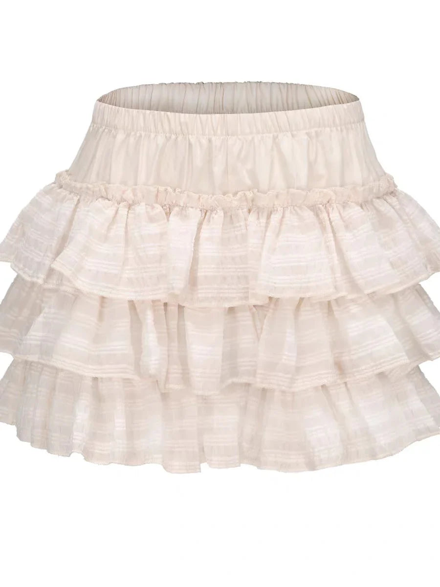 maoxiangshop Kawaii Ruffle Skirt Women Coquette Cute Lolita High Waist A-line Bow Lace Fairycore Mesh Mini Skirt Summer Mori Girl