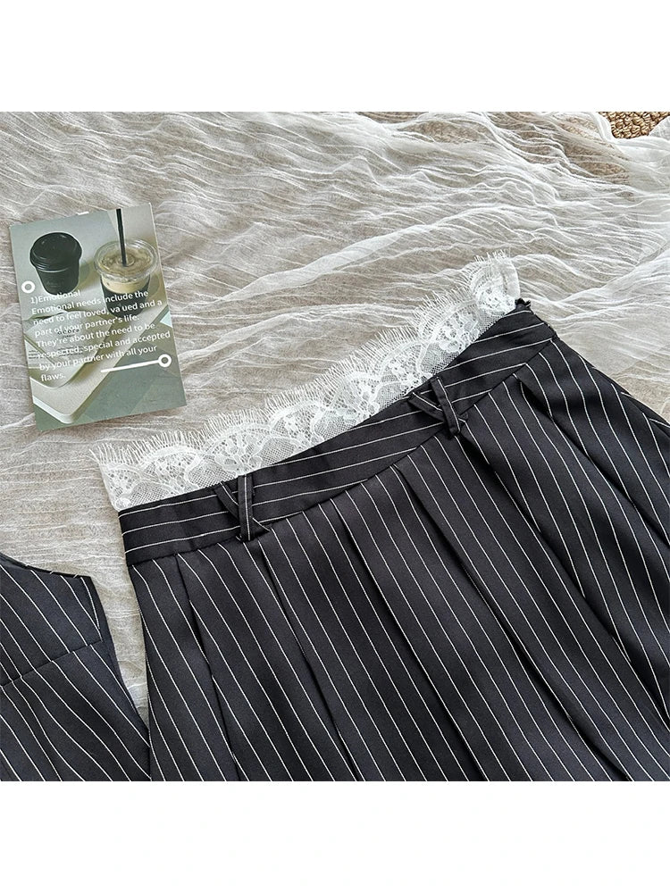 maoxiangshop - Women Old Money 2000s Aesthetic Cutecore Y2k Korean Fashion Outfits 2 Piece Set Striped Lace Vest + Hot Mini Pleated Skirts