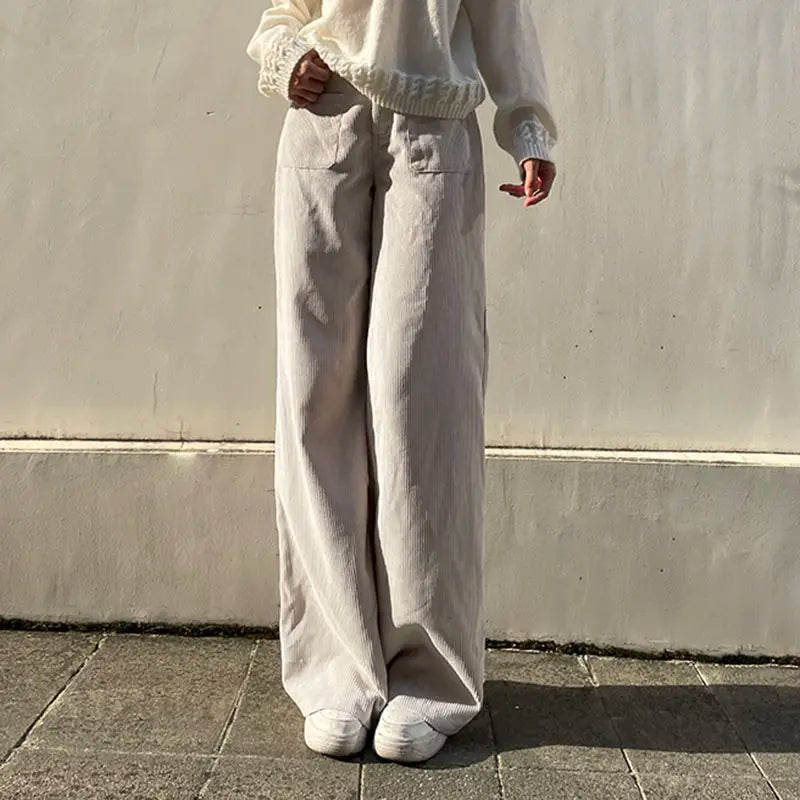 maoxiangshop - Autumn Baggy Corduroy Pants Woman Korean Fashion Office Lady Basic Casual Wide Leg Trousers Winter New Pantalones