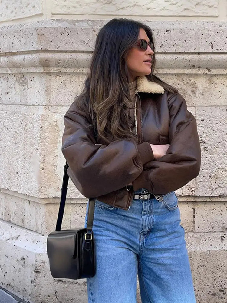 maoxiangshop - Chic Long Sleeve Lapel Double Side Motorcycle Coat Fashion Warm Pocket Zipper Jackets Autumn Winter Woman High Street Coats