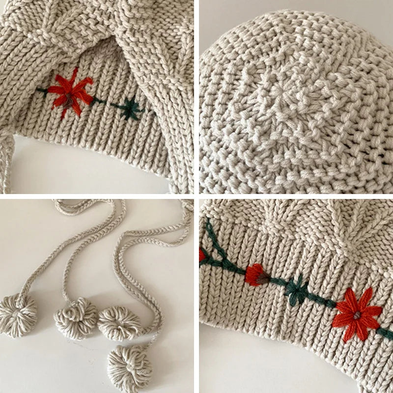 maoxiangshop - Knitted Beanies Hat for Women Bohemian Tassel Flower Crocheted Woolen Pullover Cap Autumn Winter Warm Thicken Ear Protection Cap