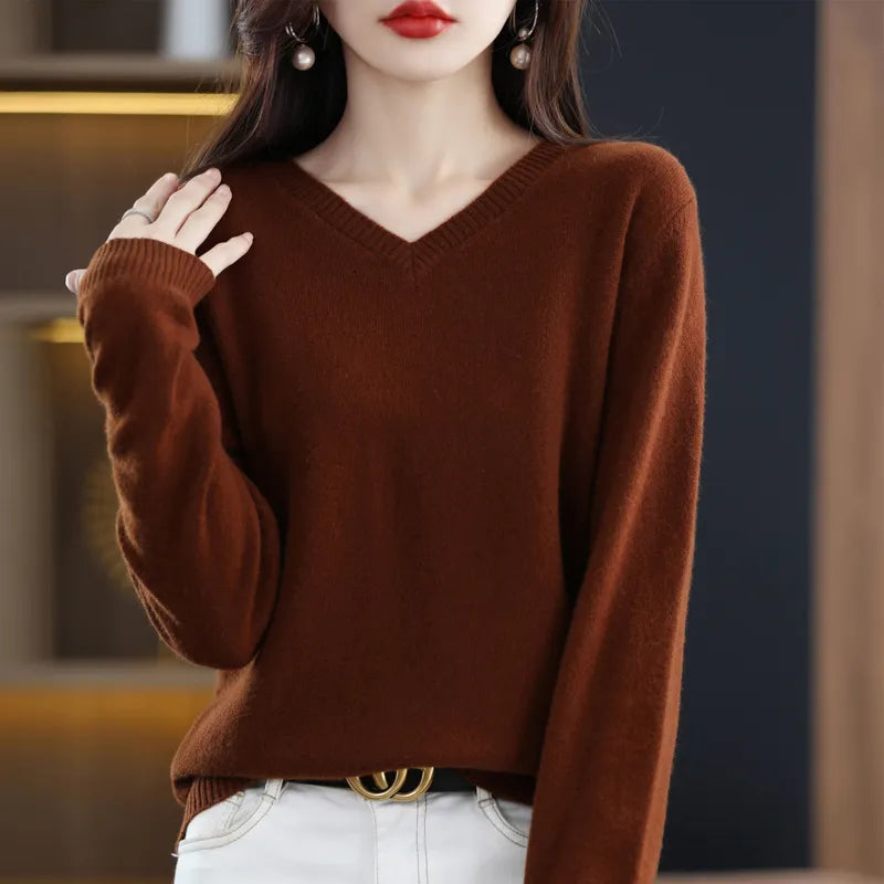 maoxiangshop Cashmere Sweater Women's Knitting Sweater 100% Pure Merino Wool Winter Fashion Basic V-neck Chic Top Autumn Warm Pullover
