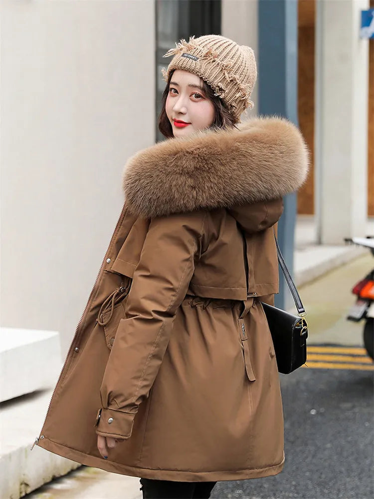 maoxiangshop Winter Coat Low Price On Sale Women Beige Add Wool Thick Warmth Fur Hooded Parkas Jacket New Fashion Belt Slim Cotton Coat