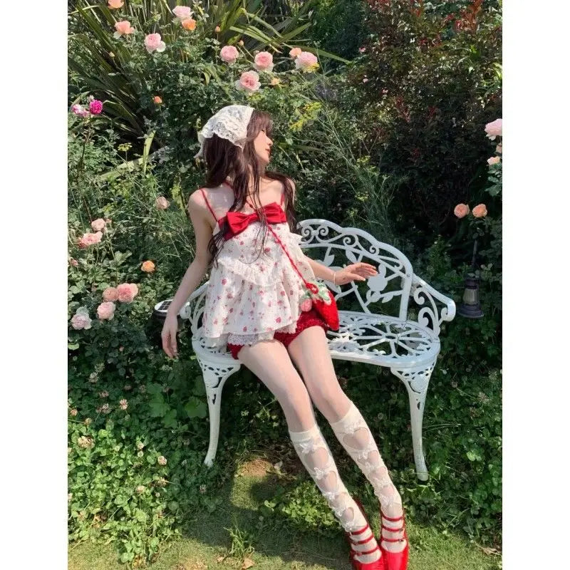 maoxiangshop - Cute Girl Sweet Bow Lace Splice Camisole Top Red Slimming Pumpkin Shorts Set Summer New Beach Style Two Piece Sets Women Outfits