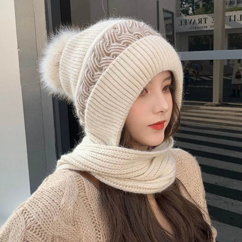 maoxiangshop New Women Winter Warm Beanies Hat Scarf set Breathable Rabbit Hair Blend Knitted Hat Scarf for Women warm lining Caps
