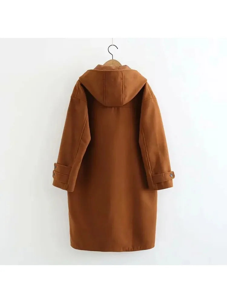 Solid Horn Button Long Straight Hooded Wool Coats Women Winter Sleeve Korean Casual Ladies Warmness Vintage Outwear